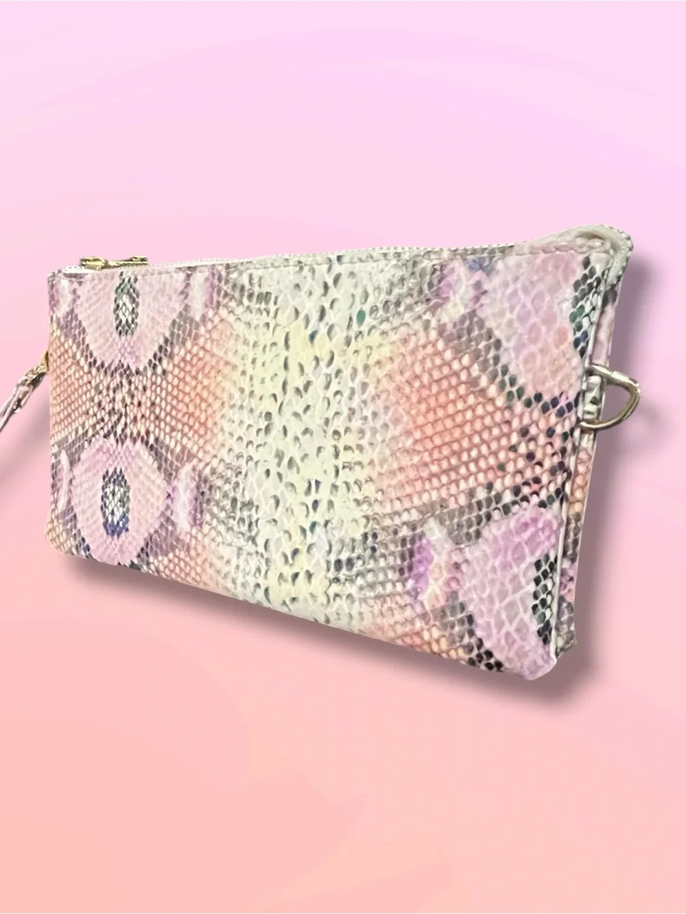 Caroline Hill Pink Holographic Snakeskin Wristlet Clutch Travel Wallet